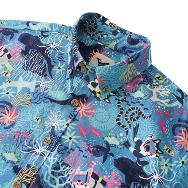 Men's Blue Hawaiian Shirt Fish & Turtle Shirt Short Sleeve Button-down 100% Cotton Blue Aloha Dive Pup