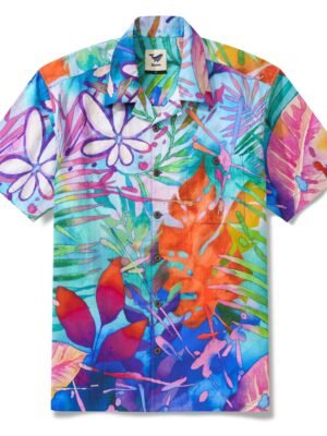 Men's Hawaiian Shirt Short Sleeve Camp Collar 100% Cotton Purple Aloha Tropical Aloha