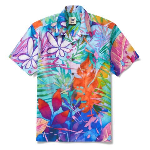 Men's Hawaiian Shirt Short Sleeve Camp Collar 100% Cotton Purple Aloha Tropical Aloha