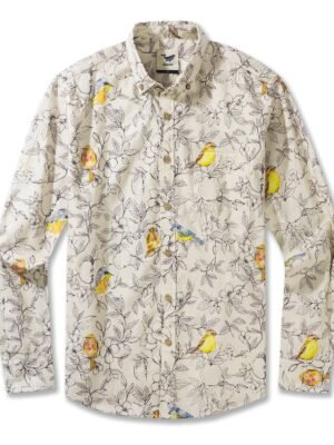 Birds and Blossoms By Hina Mirza 100% Cotton Men's Long Sleeve Button-down Shirt Beige Aloha Hawaiian