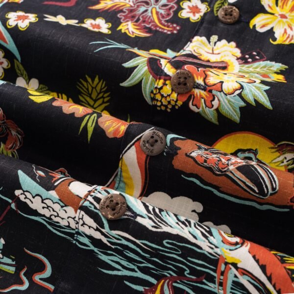 Men's Vintage Hawaiian Shirt Black Tiki Shirt Short Sleeve Camp Collar 100% Cotton Aloha Shirt