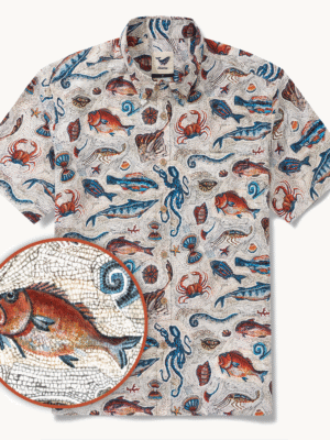 Men's Hawaiian Shirt Short Sleeve Button-down 100% Cotton Beige Aloha Seaside Mosaic