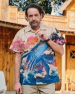 Yiume Ukiyo-e Hawaiian Shirt 100% Cotton Shirt For Men Camp Collar Aloha Shirt