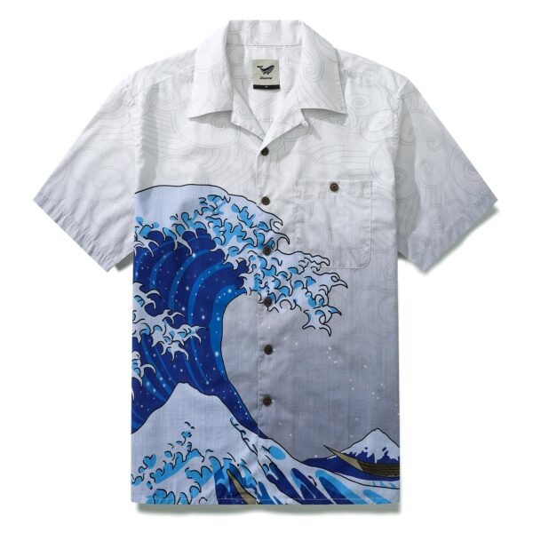 Wave Hawaiian Shirt For Men Japanese Aloha Shirt Cotton Short Sleeve Camp Shirt