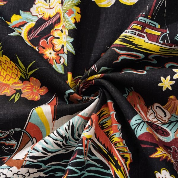 Men's Vintage Hawaiian Shirt Black Tiki Shirt Short Sleeve Camp Collar 100% Cotton Aloha Shirt