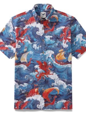 Viking Hawaiian Shirt For Men Dragon-Hunting Button-down Short Sleeve Cotton Beach Shirt