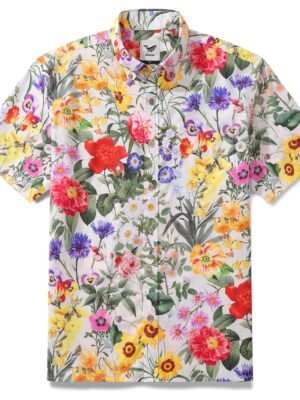 Floral Hawaiian Shirt For Men Colorful Button-down Shirt Short Sleeve 100% Cotton Shirt