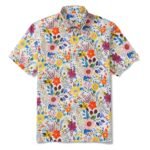 Men's Hawaiian Shirt Short Sleeve Button-down 100% Cotton Beige Aloha Floral Bookmark