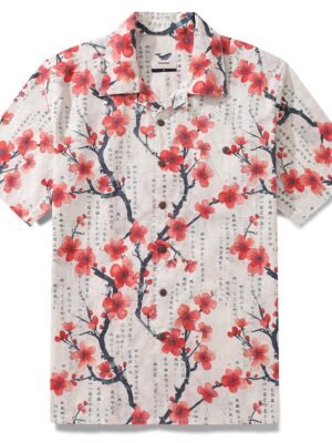 100% Cotton Hawaiian Shirt For Men Poetic Plum Blossoms Camp Collar Shirt
