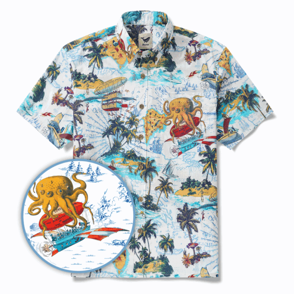 Men's Hawaiian Shirt Short Sleeve Button-down 100% Cotton Blue Aloha Ocean Dreamer