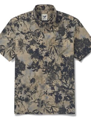 Men's Hawaiian Shirt Short Sleeve Button-down 100% Cotton Brown Aloha Oriental Essence