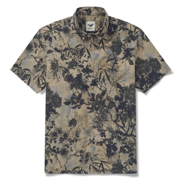 Men's Hawaiian Shirt Short Sleeve Button-down 100% Cotton Brown Aloha Oriental Essence