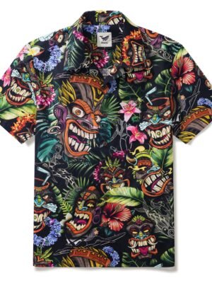 Tiki Hawaiian Shirt 100% Cotton Men's Short Sleeve Camp Collar Aloha Shirt