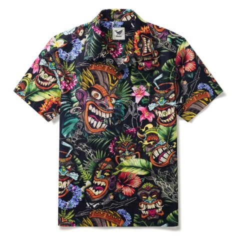 Tiki Hawaiian Shirt 100% Cotton Men's Short Sleeve Camp Collar Aloha Shirt