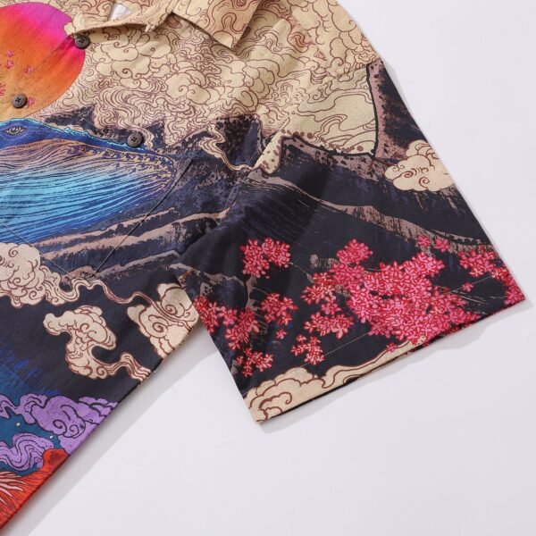 Yiume Ukiyo-e Hawaiian Shirt 100% Cotton Shirt For Men Camp Collar Aloha Shirt