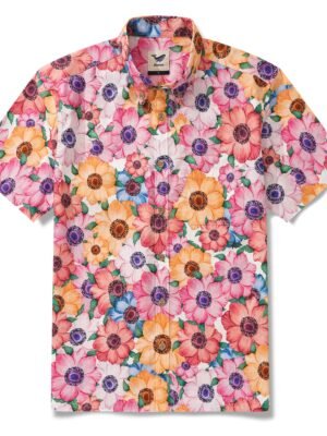 Men's Hawaiian Shirt Short Sleeve Button-down 100% Cotton Yellow Aloha Summer Lotus