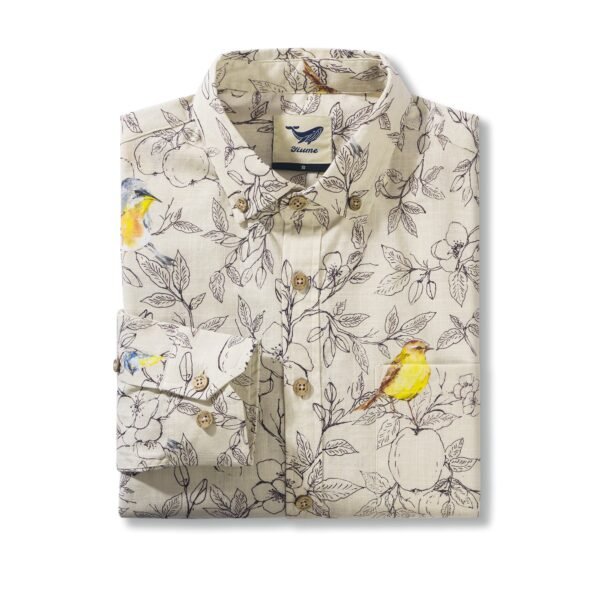 Birds and Blossoms By Hina Mirza 100% Cotton Men's Long Sleeve Button-down Shirt Beige Aloha Hawaiian