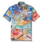 Yiume Men's Designer Hawaiian Shirt Cloud-wandering Koi Print Cotton Blue Aloha Shirt