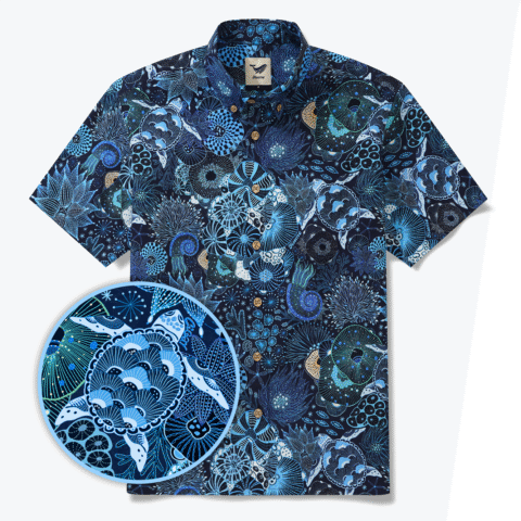 Yiume Men's Blue Hawaiian Shirt Short Sleeve Button-down Sea Turtle Shirt 100% Cotton Blue Aloha Reef Rules