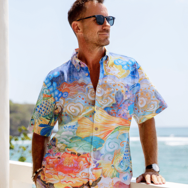 Yiume Men's Designer Hawaiian Shirt Cloud-wandering Koi Print Cotton Blue Aloha Shirt