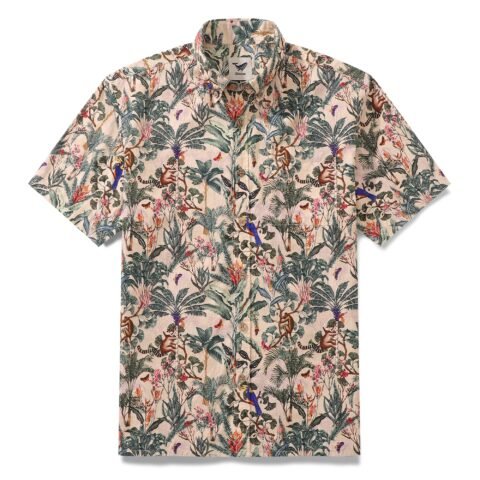 Men's Tropical Hawaiian Shirt Cotton Button-down Short Sleeve Aloha Jungle Shirt