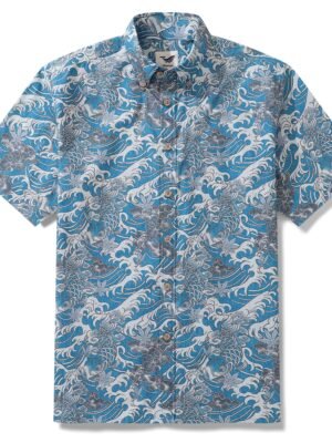 Hawaiian Shirt For Men Koi Waves Button-down Shirt Short Sleeve 100% Cotton Shirt