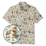 Men's Hawaiian Shirt Short Sleeve Button-down 100% Cotton Beige Aloha Alice's Wonderland