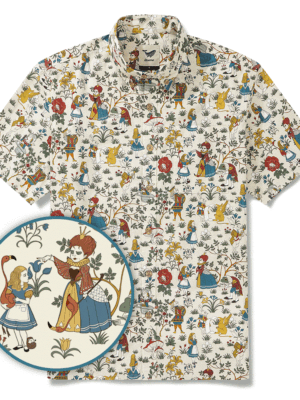 Men's Hawaiian Shirt Short Sleeve Button-down 100% Cotton Beige Aloha Alice's Wonderland