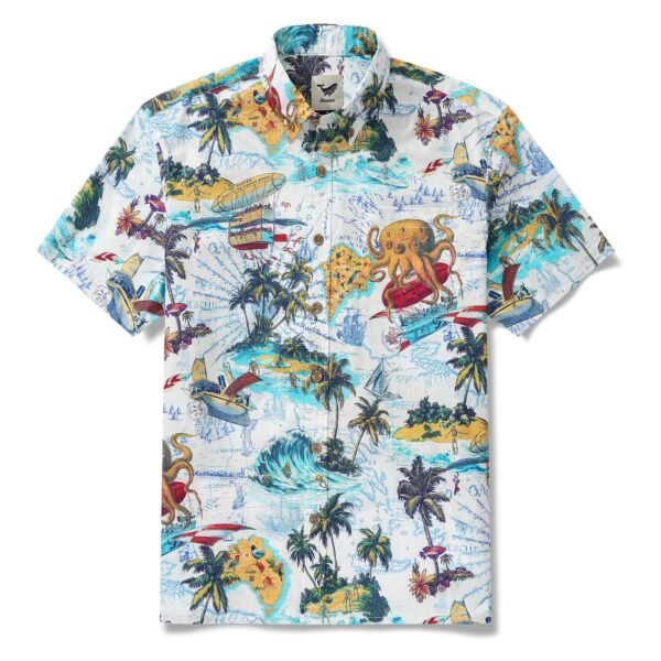 Men's Hawaiian Shirt Short Sleeve Button-down 100% Cotton Blue Aloha Ocean Dreamer