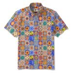 Men's Hawaiian Shirt Short Sleeve Button-down 100% Cotton Aloha Mediterranean Tile Haven