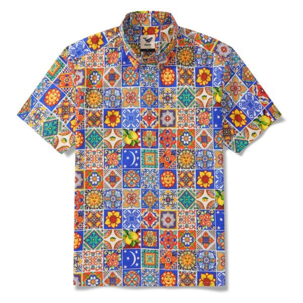 Men's Hawaiian Shirt Short Sleeve Button-down 100% Cotton Aloha Mediterranean Tile Haven