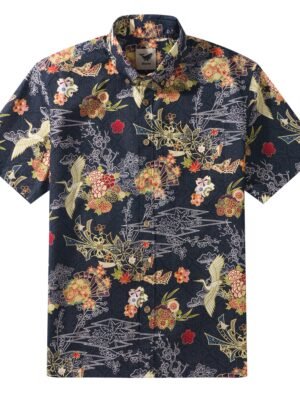 Cranes 100% Cotton Japanese Hawaiian Shirt Men's Short Sleeve Button-down Black Hawaiian Shirt