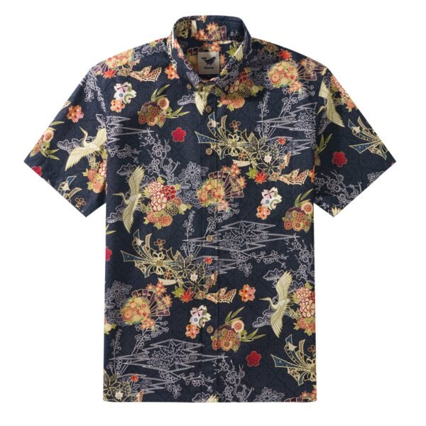 Cranes 100% Cotton Japanese Hawaiian Shirt Men's Short Sleeve Button-down Black Hawaiian Shirt