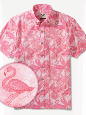 Yiume Men's Pink Hawaiian Shirt Flamingos Shirt 100% Cotton Short Sleeve Button-down Shirt
