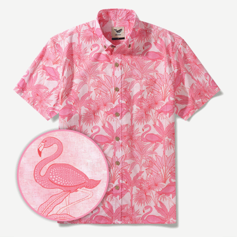Yiume Men's Pink Hawaiian Shirt Flamingos Shirt 100% Cotton Short Sleeve Button-down Shirt