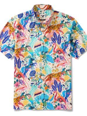 Men's Colorful Hawaiian Shirt Short Sleeve Button-down 100% Cotton Aloha Jungle Whimsy