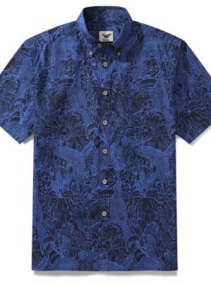 Dark Blue Hawaiian Shirt For Men Tropical Button-down Shirt Short Sleeve 100% Cotton Shirt