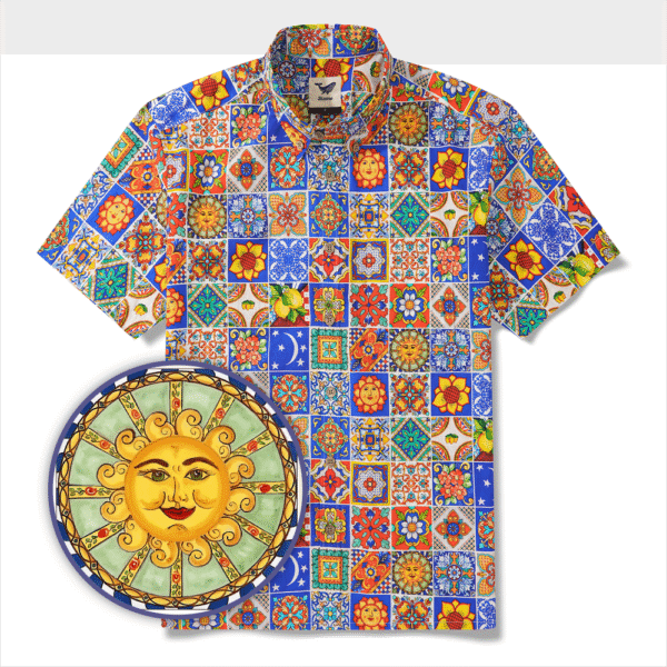 Men's Hawaiian Shirt Short Sleeve Button-down 100% Cotton Aloha Mediterranean Tile Haven