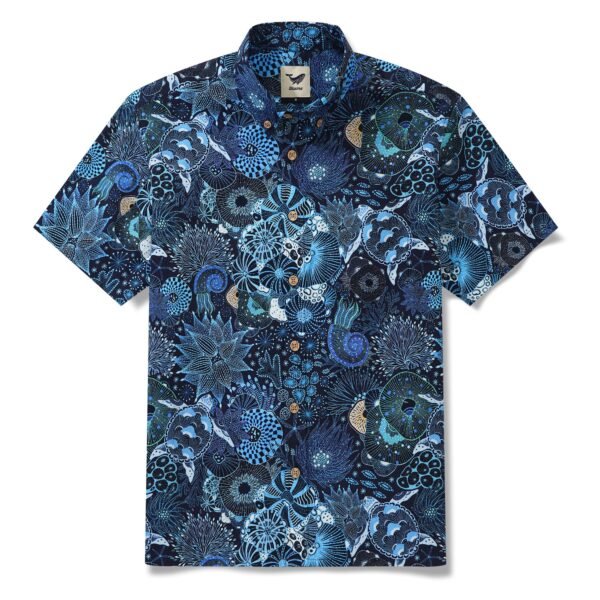 Yiume Men's Blue Hawaiian Shirt Short Sleeve Button-down Sea Turtle Shirt 100% Cotton Blue Aloha Reef Rules