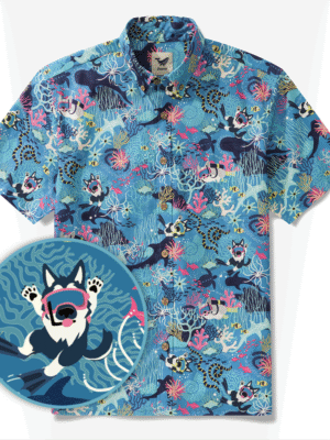 Men's Blue Hawaiian Shirt Fish & Turtle Shirt Short Sleeve Button-down 100% Cotton Blue Aloha Dive Pup