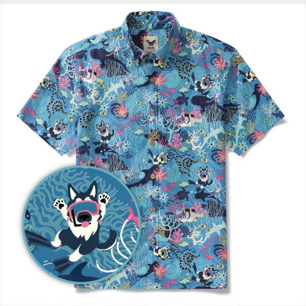 Men's Blue Hawaiian Shirt Fish & Turtle Shirt Short Sleeve Button-down 100% Cotton Blue Aloha Dive Pup