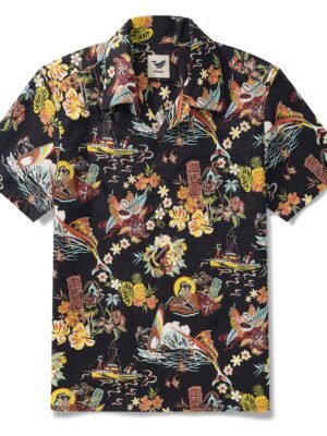Men's Vintage Hawaiian Shirt Black Tiki Shirt Short Sleeve Camp Collar 100% Cotton Aloha Shirt