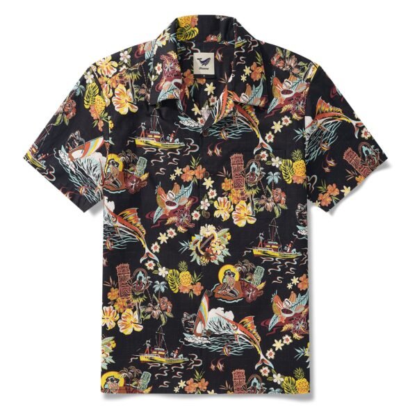 Men's Vintage Hawaiian Shirt Black Tiki Shirt Short Sleeve Camp Collar 100% Cotton Aloha Shirt