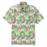 Men's Hawaiian Shirt Short Sleeve Button-down 100% Cotton Beige Aloha Flamingos & Chameleons By House of Haricot