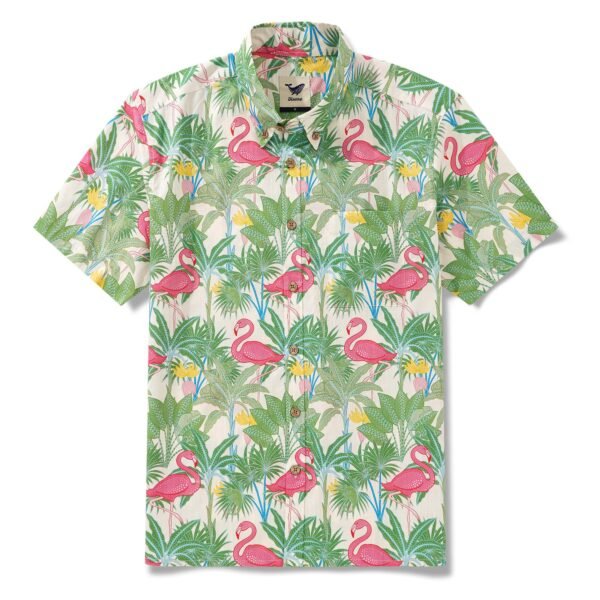 Men's Hawaiian Shirt Short Sleeve Button-down 100% Cotton Beige Aloha Flamingos & Chameleons By House of Haricot