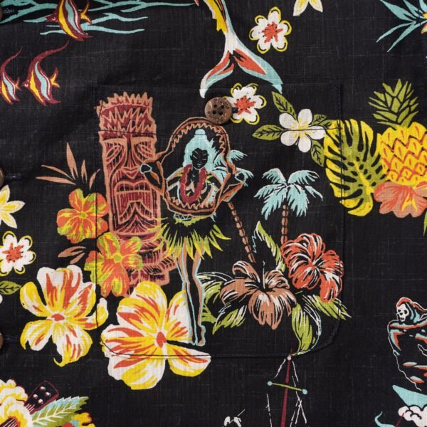 Men's Vintage Hawaiian Shirt Black Tiki Shirt Short Sleeve Camp Collar 100% Cotton Aloha Shirt