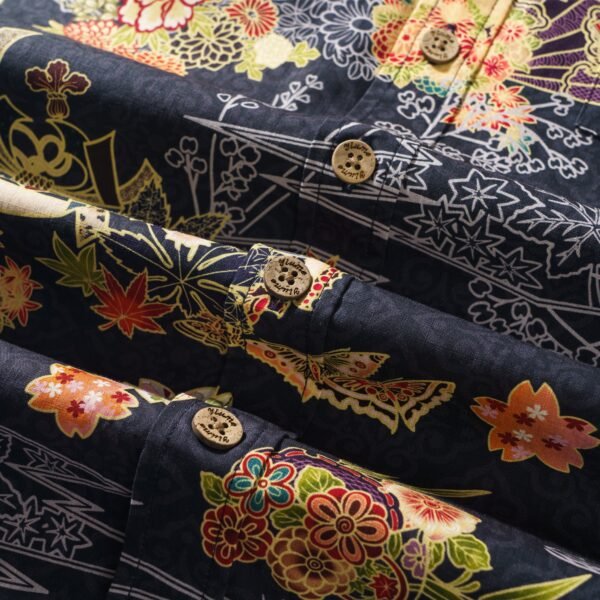 Cranes 100% Cotton Japanese Hawaiian Shirt Men's Short Sleeve Button-down Black Hawaiian Shirt