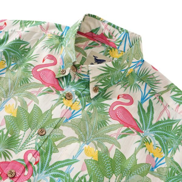 Men's Hawaiian Shirt Short Sleeve Button-down 100% Cotton Beige Aloha Flamingos & Chameleons By House of Haricot