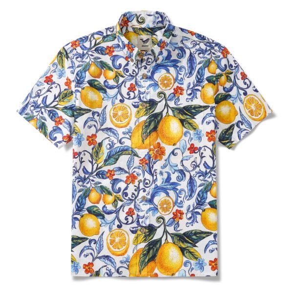 Vintage Blue Hawaiian Shirt For Men Sicily Lemon Shirt Short Sleeve Button-down Tropical Shirt