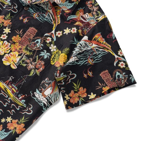 Men's Vintage Hawaiian Shirt Black Tiki Shirt Short Sleeve Camp Collar 100% Cotton Aloha Shirt